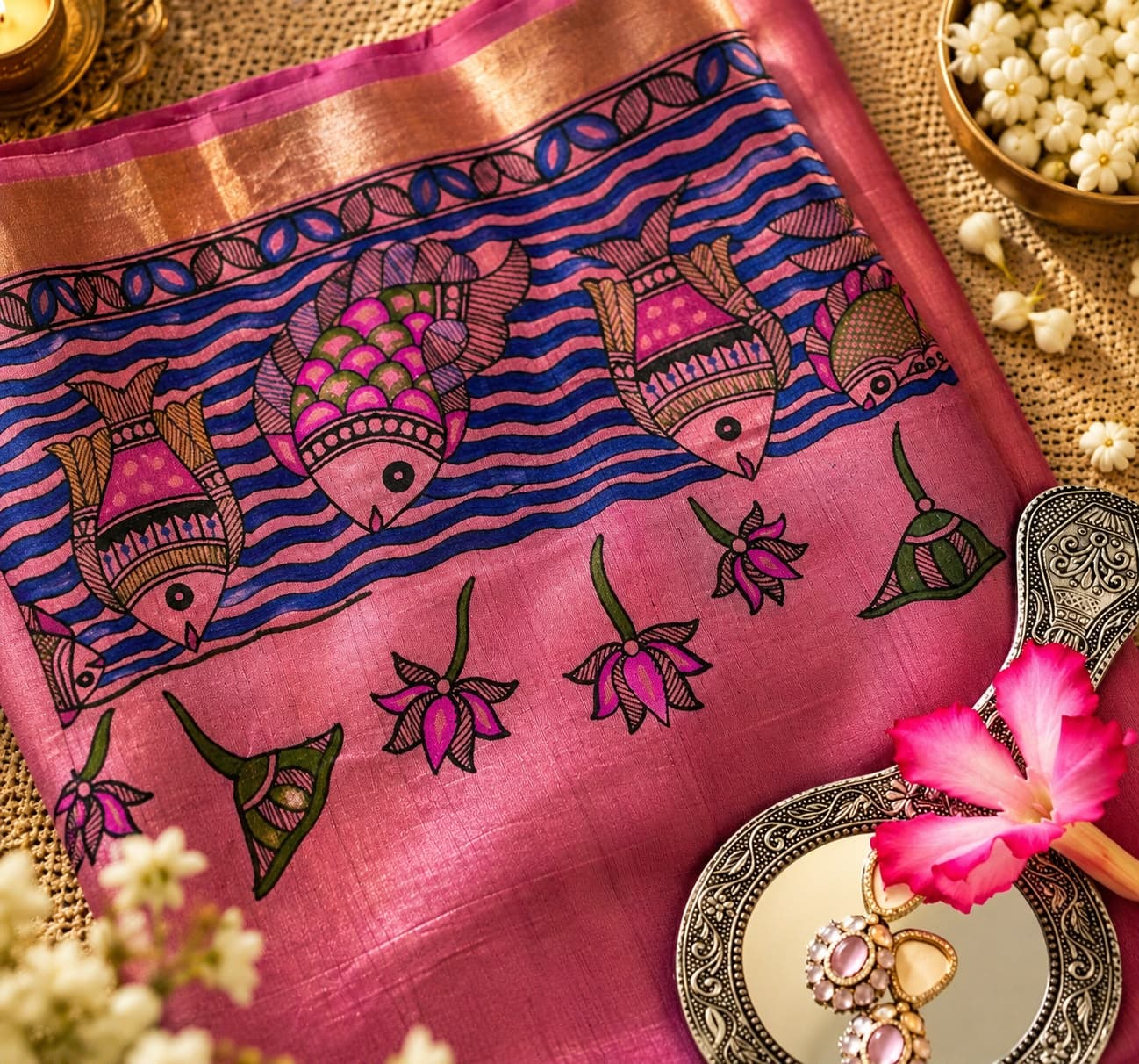 Macro detail of a hand-painted Madhubani fish motif on handloom silk