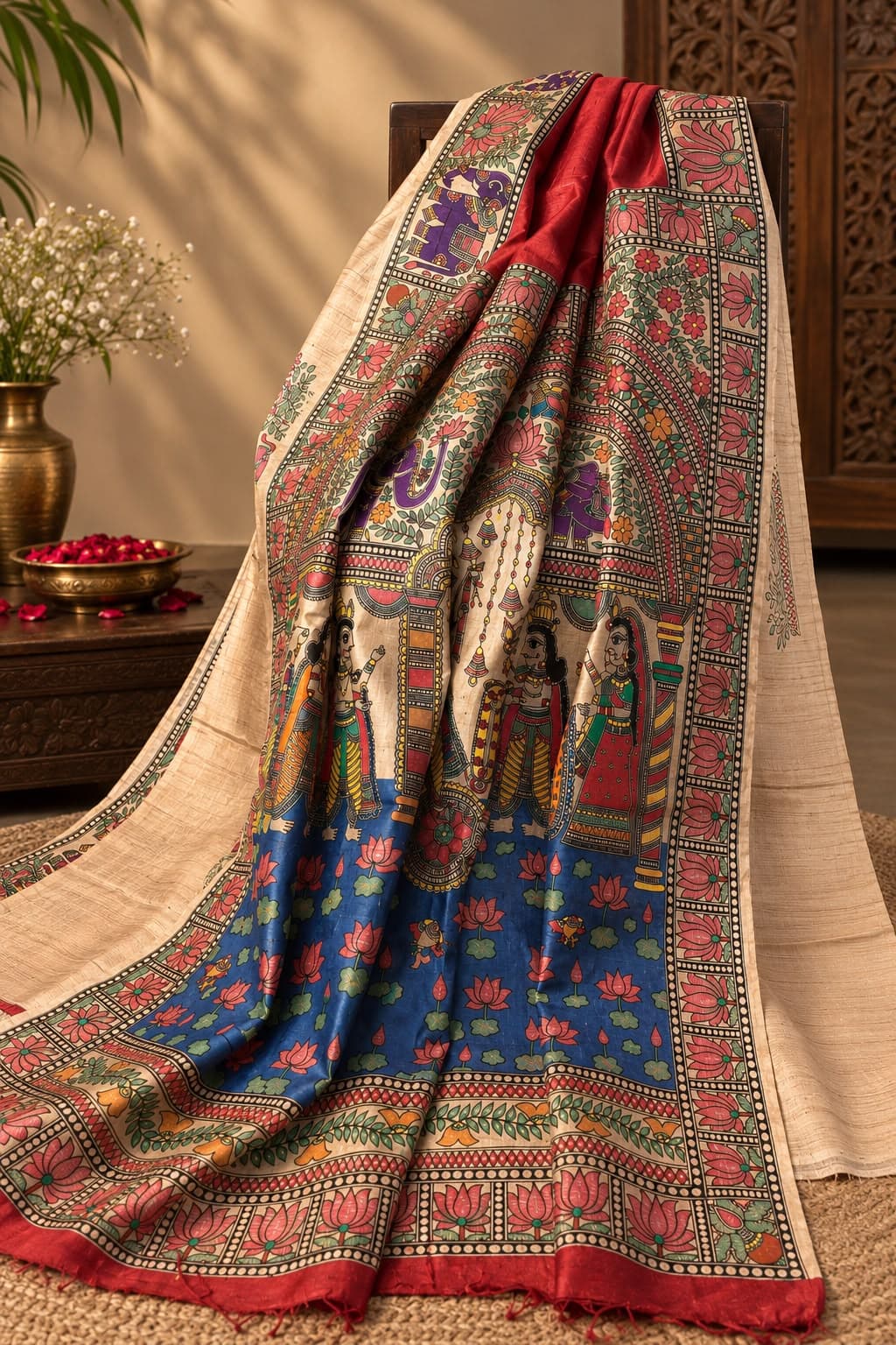 A handloom saree with hand-painted Ramayana scenes, draped in full over a carved wooden chair