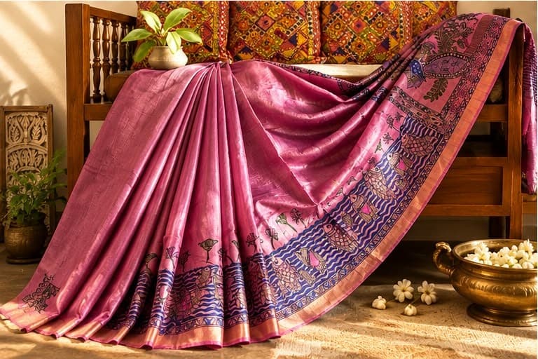 A pink handloom saree draped in full, with its hand-painted Madhubani fish and floral border